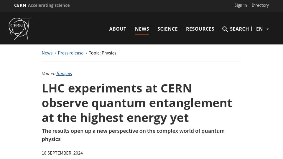 Screenshot of home.cern: LHC experiments at CERN observe quantum entanglement at the highest energy yet