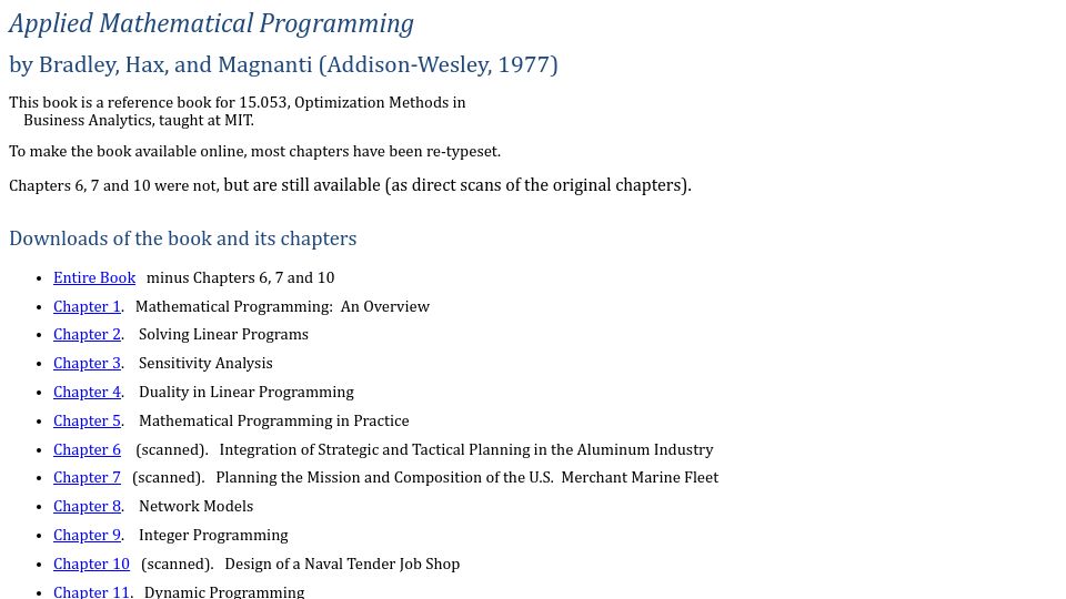 Screenshot of web.mit.edu: Applied Mathematical Programming (1977)