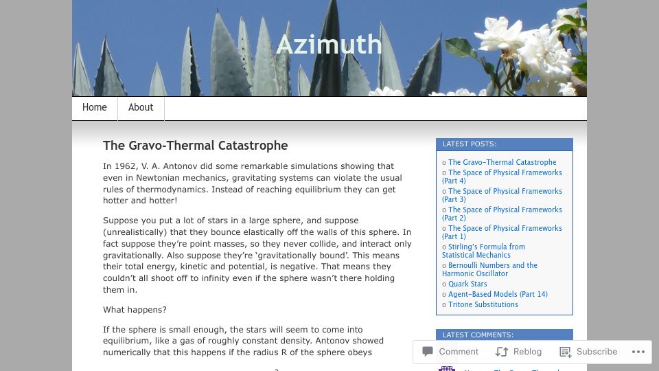 Screenshot of johncarlosbaez.wordpress.com: The Gravo-Thermal Catastrophe