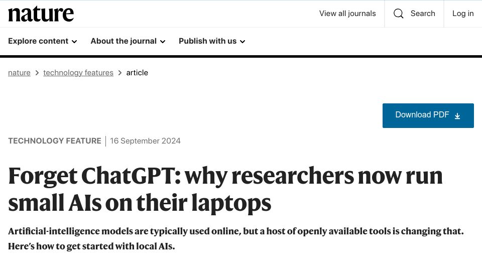 Screenshot of nature.com: Forget ChatGPT: why researchers now run small AIs on their laptops