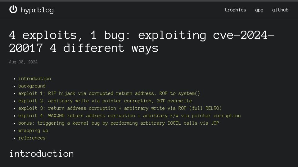 Screenshot of blog.coffinsec.com: 4 exploits, 1 bug: exploiting CVE-2024-20017 4 different ways