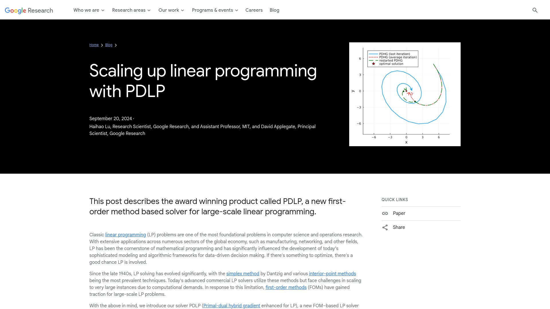 Screenshot of research.google: Scaling up linear programming with PDLP
