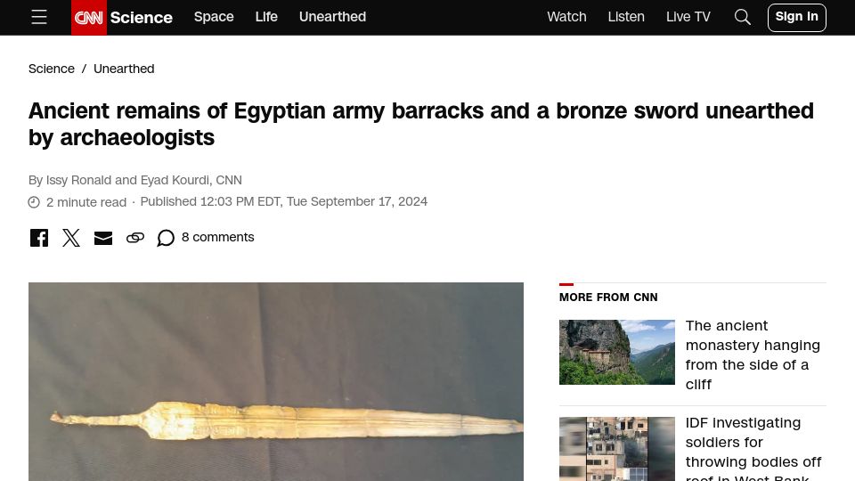 Screenshot of cnn.com: Remains of Egyptian army barracks and a bronze sword unearthed by archaeologists