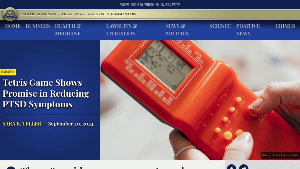 Screenshot of legalreader.com: Tetris shows promise in reducing PTSD symptoms