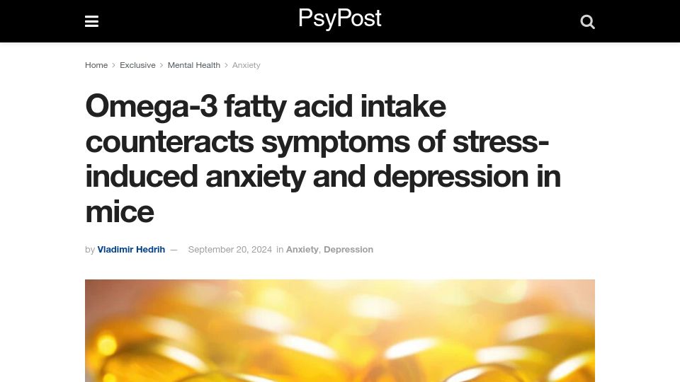 Screenshot of psypost.org: Omega-3 intake counteracts symptoms of anxiety and depression in mice