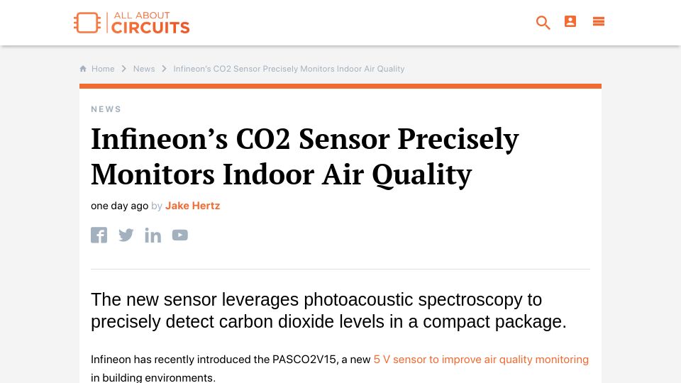 Screenshot of allaboutcircuits.com: Infineon's CO2 Sensor Monitors Indoor Air Quality