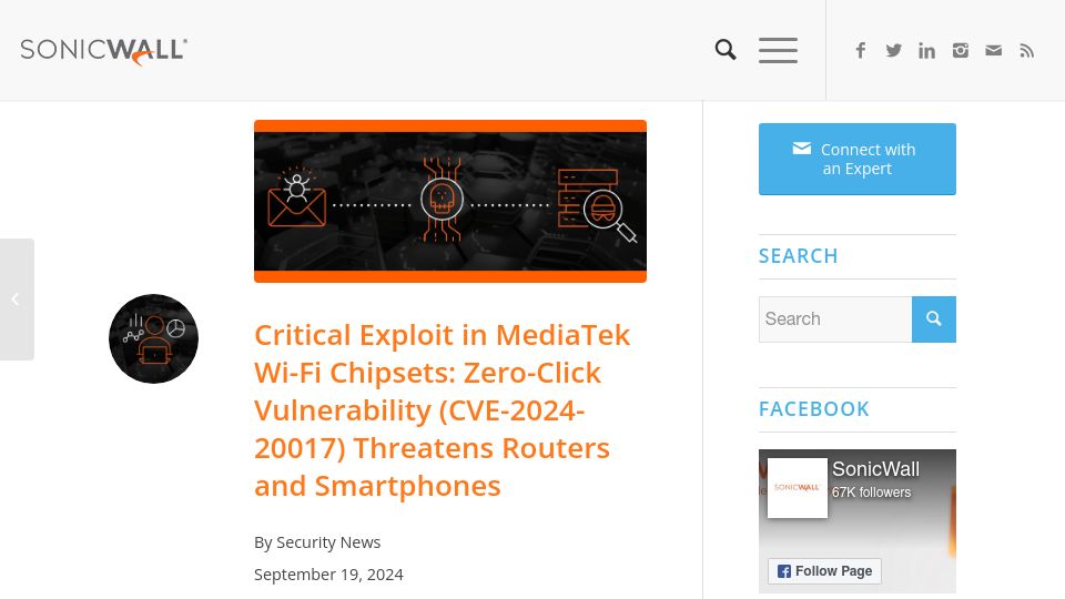 Screenshot of blog.sonicwall.com: Critical Exploit in MediaTek Wi-Fi Chipsets: Zero-Click Vulnerability