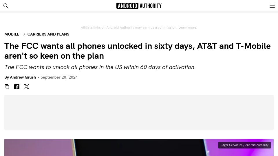 Screenshot of androidauthority.com: FCC wants all phones unlocked in sixty days, AT&T and T-Mobile aren't so keen