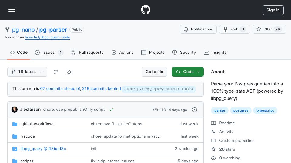 Screenshot of github.com: Show HN: Parse your Postgres queries into a fully-typed AST in TypeScript