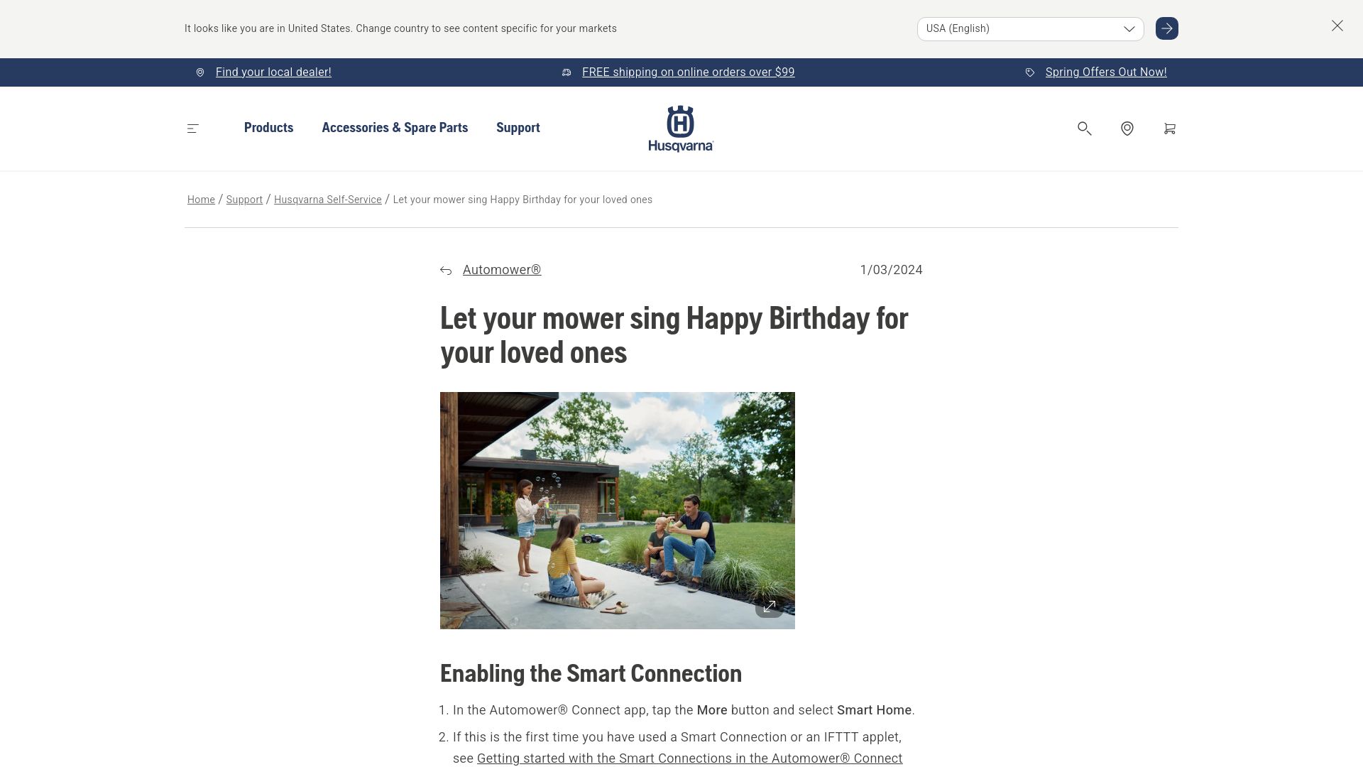 Screenshot of husqvarna.com: Let your mower sing Happy Birthday for your loved ones