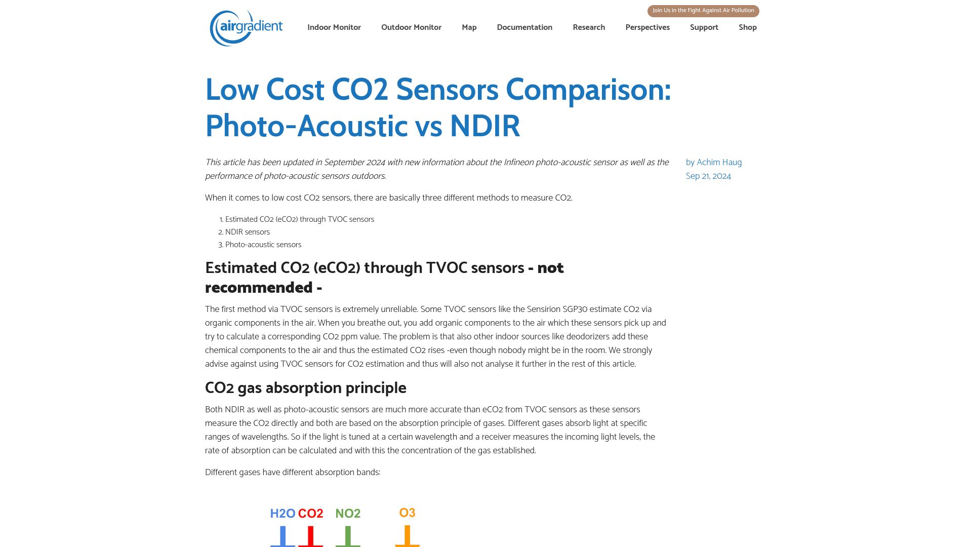 Screenshot of airgradient.com: Low Cost CO2 Sensors Comparison: Photo-Acoustic vs. NDIR
