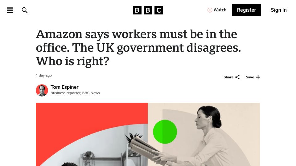 Screenshot of bbc.co.uk: Amazon says workers must be in the office. The UK government disagrees
