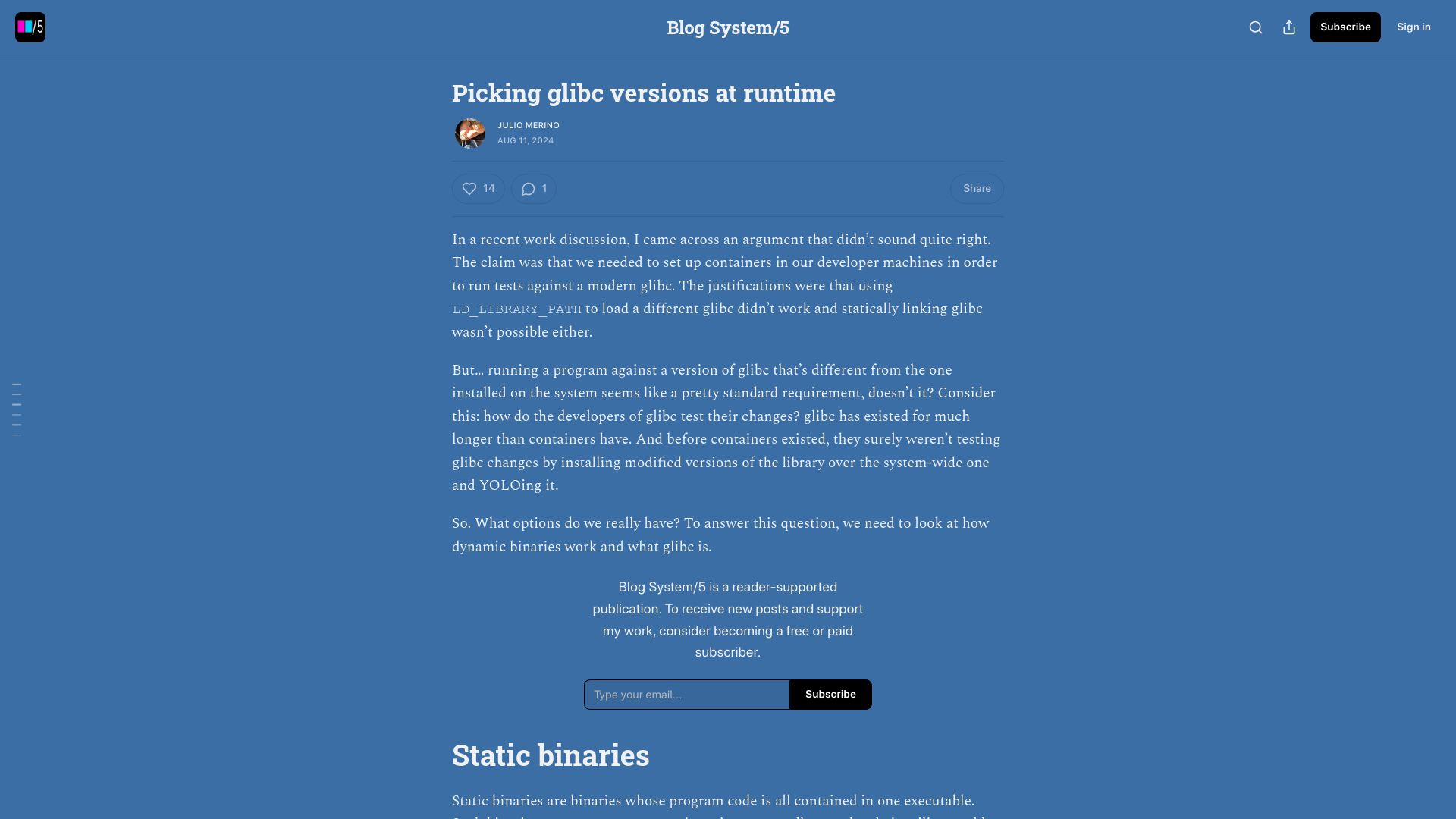 Screenshot of blogsystem5.substack.com: Picking Glibc Versions at Runtime