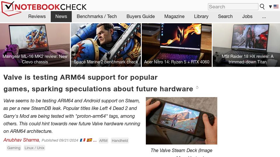 Screenshot of notebookcheck.net: Valve is testing ARM64 support for popular games