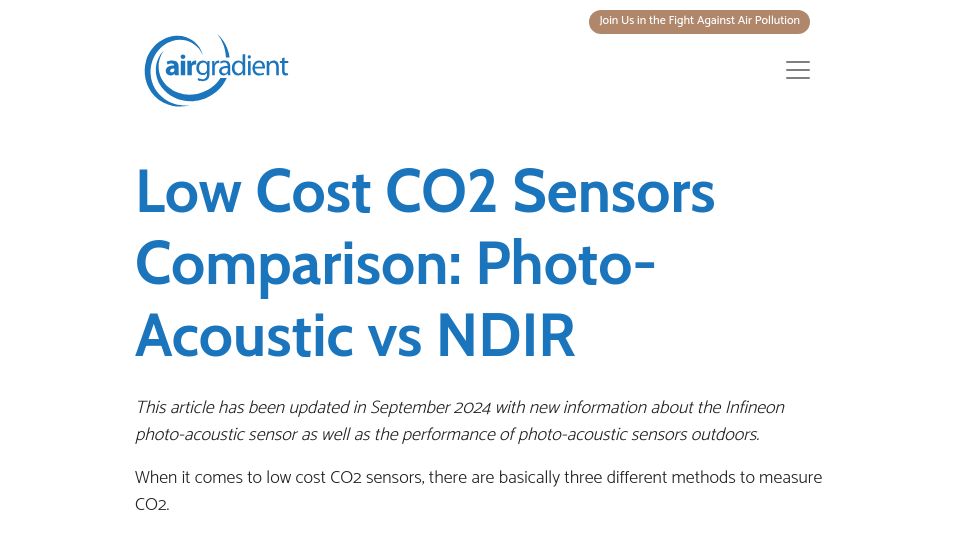 Screenshot of airgradient.com: Low Cost CO2 Sensors Comparison: Photo-Acoustic vs. NDIR