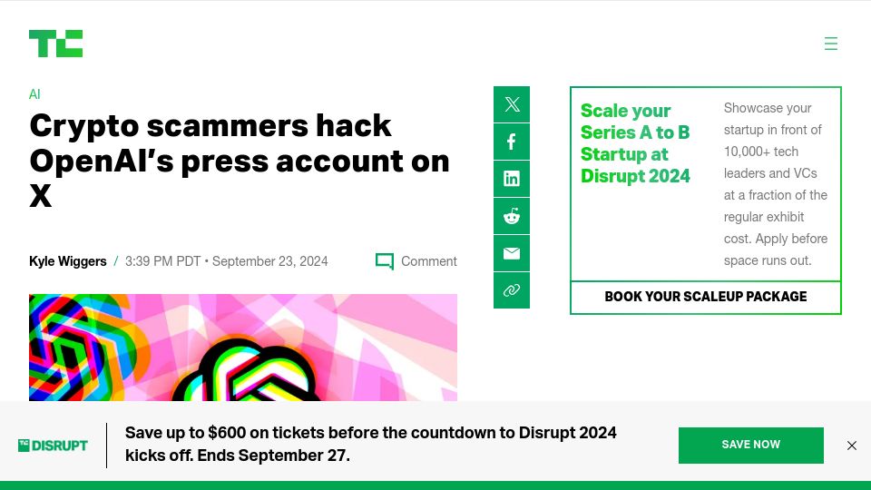 Screenshot of techcrunch.com: Crypto scammers hack OpenAI's press account on X