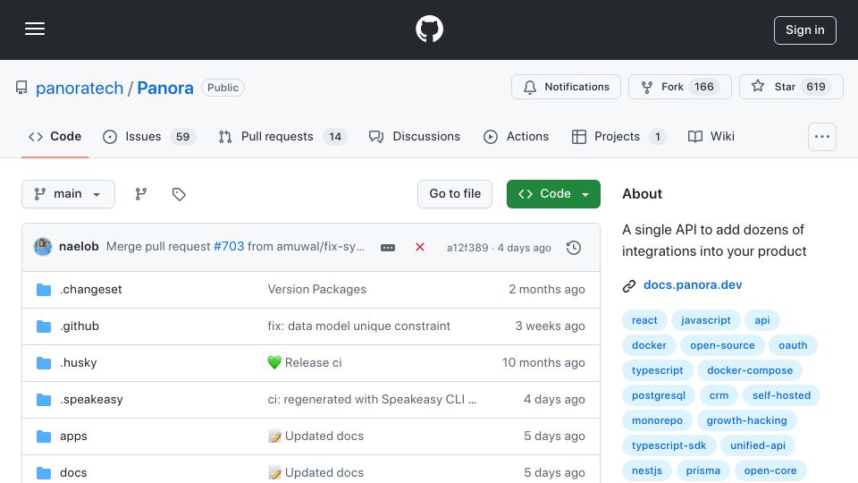 Screenshot of github.com: Launch HN: Panora (YC S24) – Data Integration API for LLMs