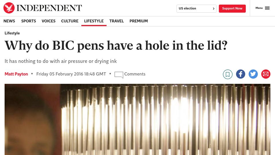 Screenshot of independent.co.uk: Why do BIC pens have a hole in the lid? (2016)