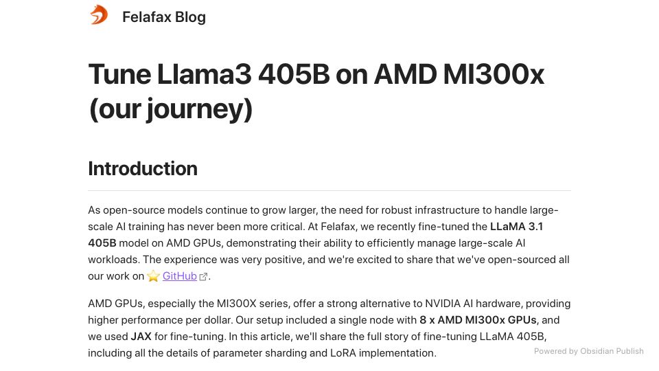 Screenshot of publish.obsidian.md: We fine-tuned Llama 405B on AMD GPUs