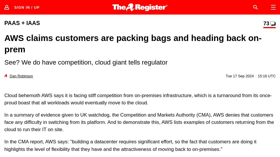 Screenshot of theregister.com: AWS claims its cloud faces competition from on-premises IT