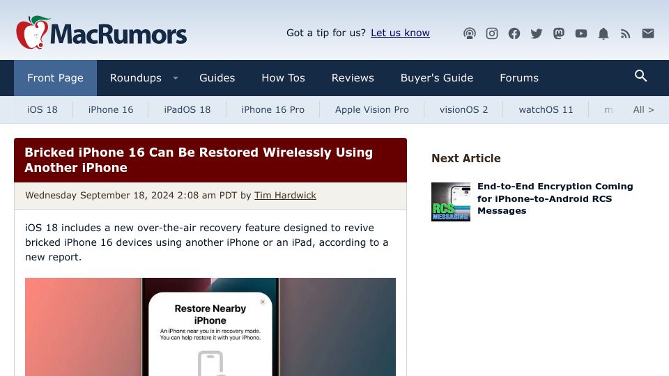 Screenshot of macrumors.com: Bricked iPhone 16 Can Be Restored Wirelessly Using Another iPhone