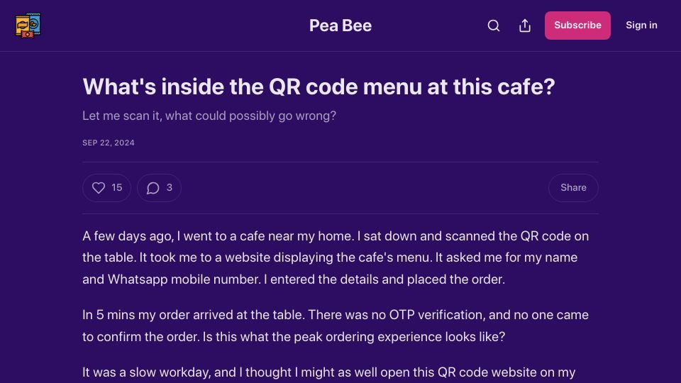Screenshot of peabee.substack.com: What's inside the QR code menu at this cafe?