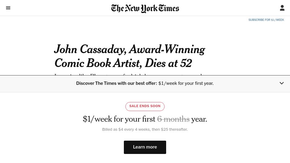 Screenshot of nytimes.com: John Cassaday, Award-Winning Comic Book Artist&Creator of Planetary Dies at 52