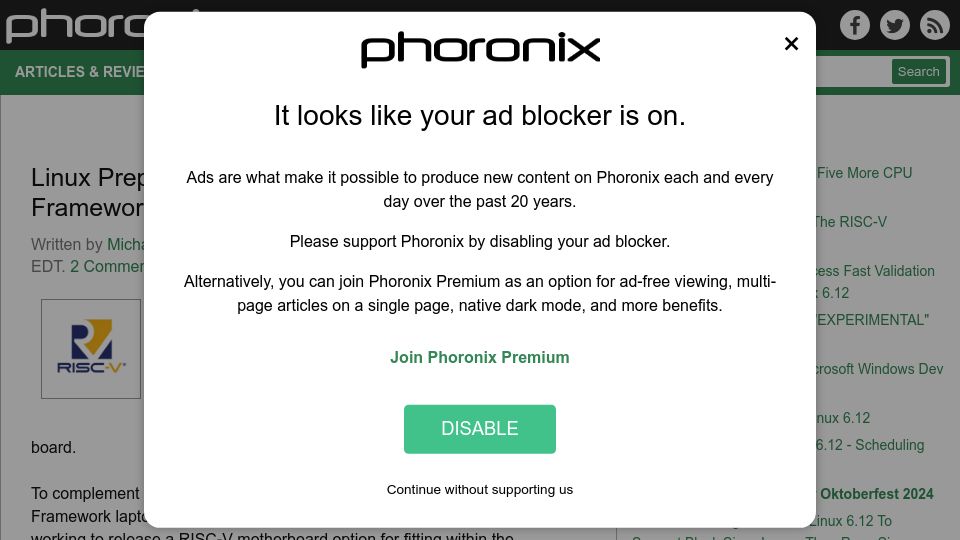 Screenshot of phoronix.com: Linux Preparing Support for the RISC-V Framework Laptop 13