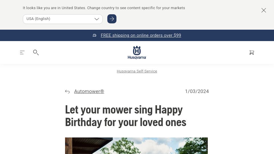 Screenshot of husqvarna.com: Let your mower sing Happy Birthday for your loved ones