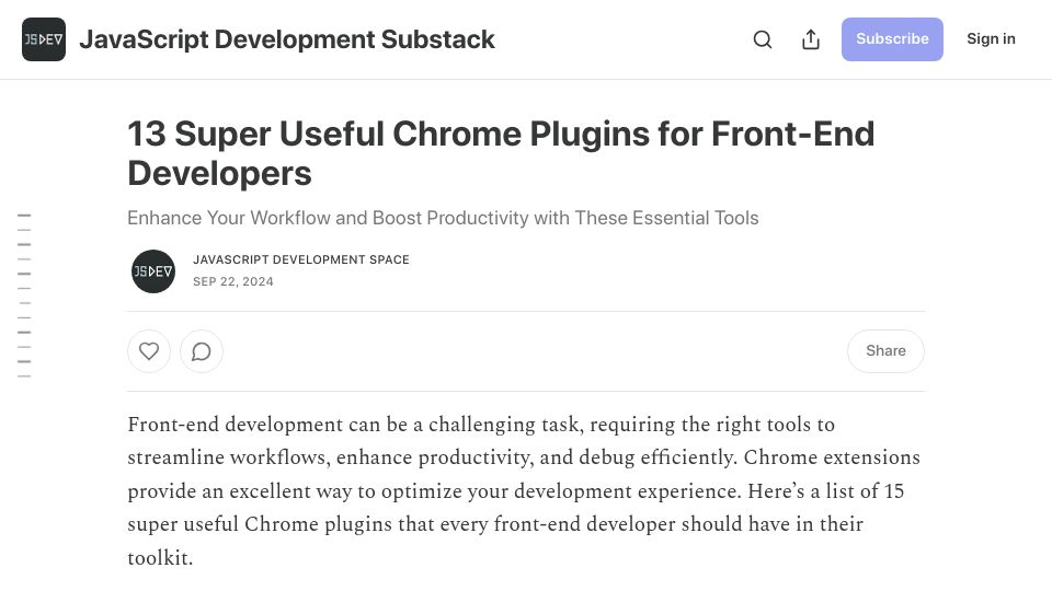 Screenshot of jsdevspace.substack.com: Super Useful Chrome Plugins for Front-End Developers