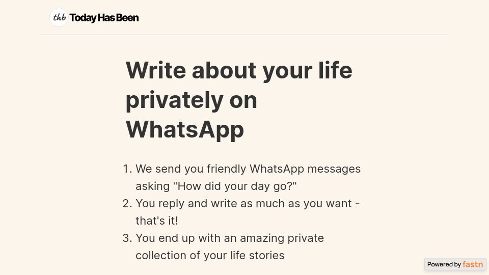 Screenshot of todayhasbeen.com: Show HN: A journaling service that runs over WhatsApp