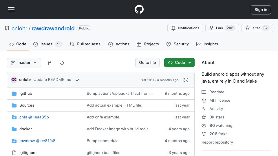 Screenshot of github.com: Rawdrawandroid – Build Android apps without any Java, in C and Make