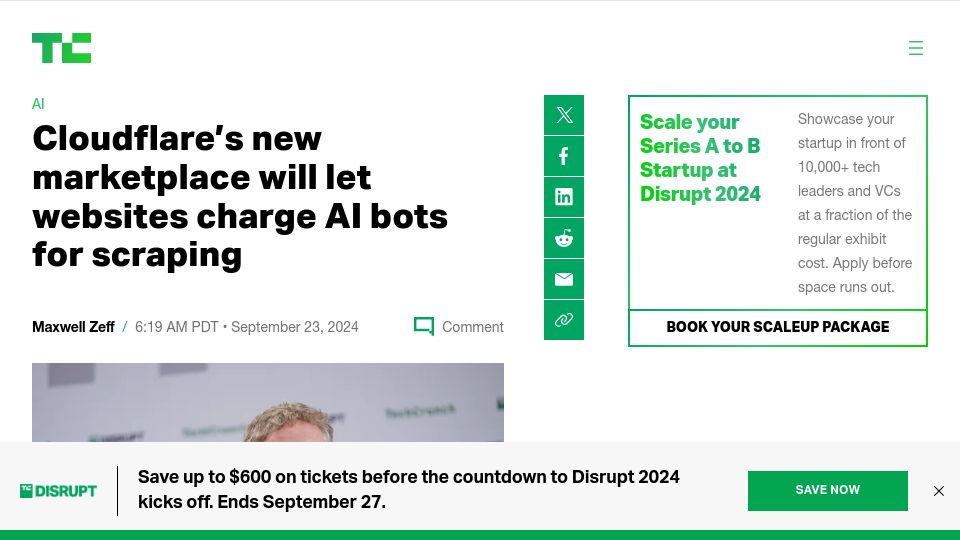 Screenshot of techcrunch.com: Cloudflare's new marketplace lets websites charge AI bots for scraping