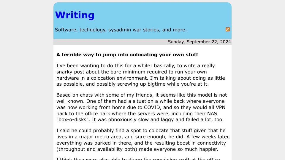 Screenshot of rachelbythebay.com: A terrible way to jump into colocating your own stuff
