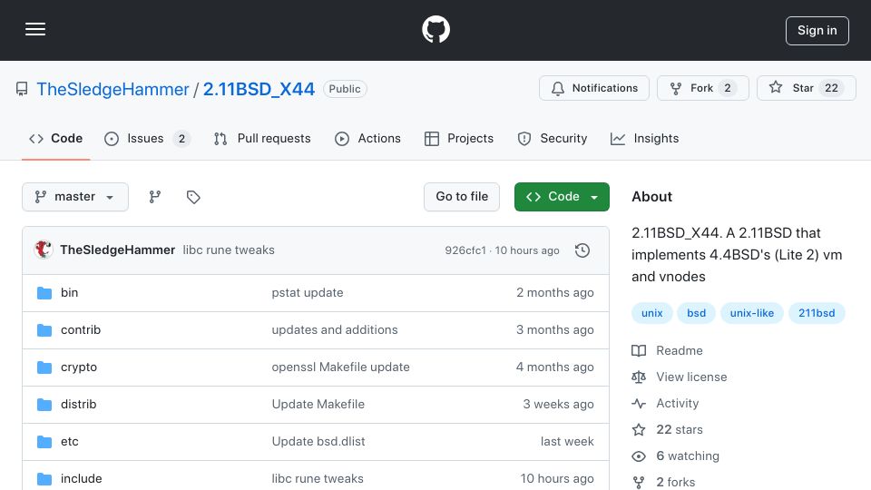 Screenshot of github.com: 2.11BSD_X44: A 2.11 BSD that's still receiving patches, including x86 support