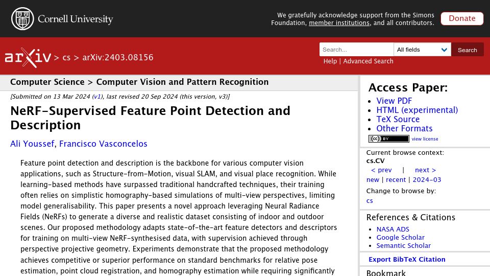 Screenshot of arxiv.org: NeRF-Supervised Feature Point Detection and Description