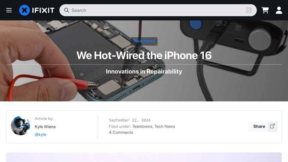 Screenshot of ifixit.com: How the iPhone 16's electrically-released adhesive works