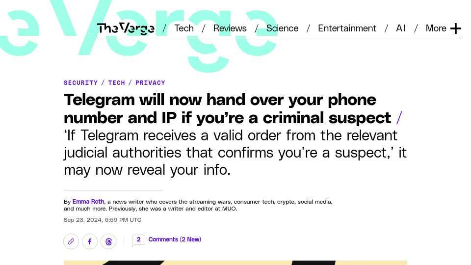Screenshot of theverge.com: Telegram will now hand over phone number and IP for criminal suspects