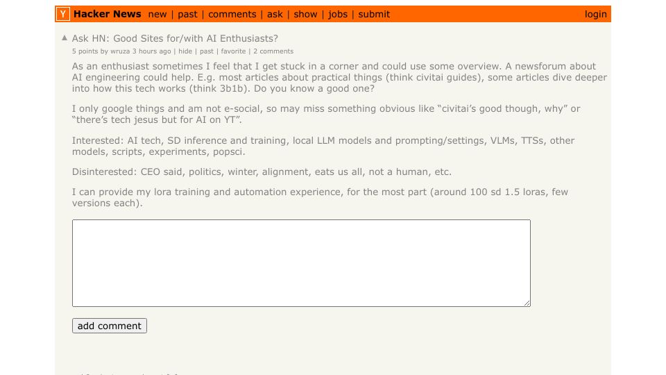 Screenshot of Hacker News post: Ask HN: Good Sites for/with AI Enthusiasts?