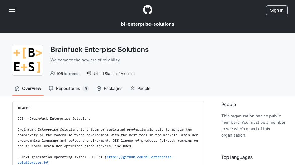 Screenshot of github.com: Brainfuck Enterprise Solutions