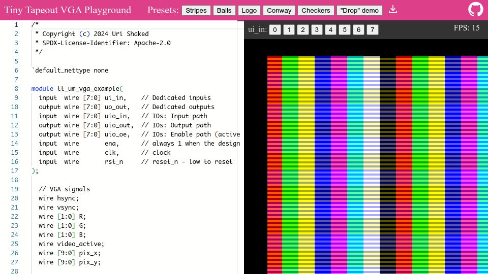 Screenshot of tinytapeout.github.io: Tiny Tapeout VGA Playground