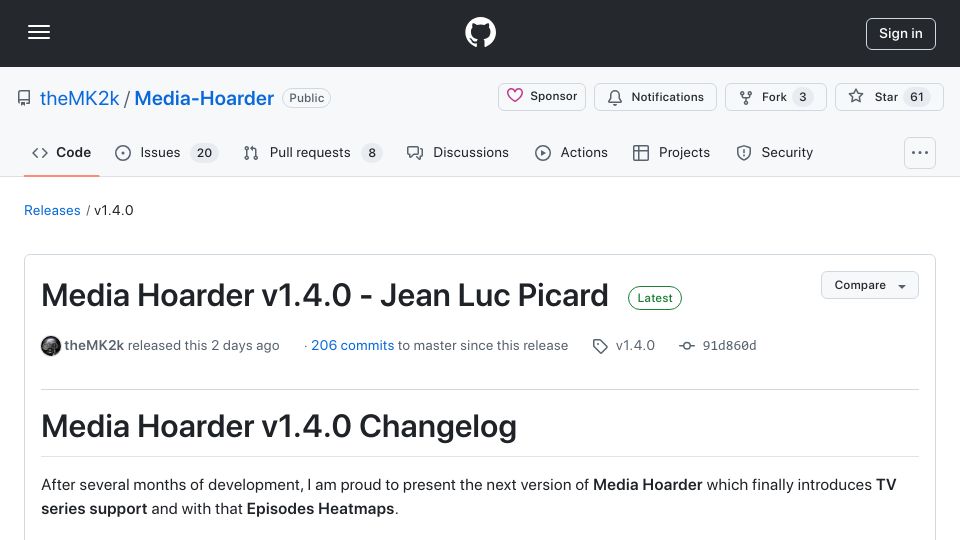 Screenshot of github.com: Show HN: Media Hoarder v1.4.0 Supporting TV Series, Introducing Episode Heatmaps