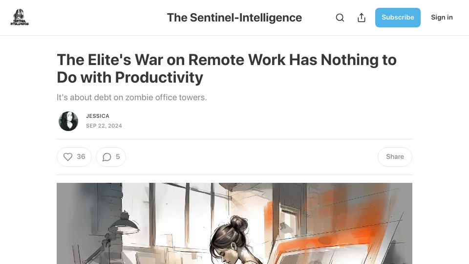 Screenshot of the-sentinel-intelligence.com: The war on remote work has nothing to do with productivity
