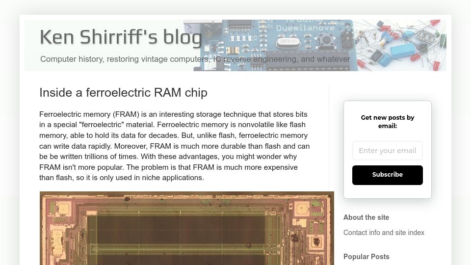 Screenshot of righto.com: Inside a Ferroelectric RAM Chip