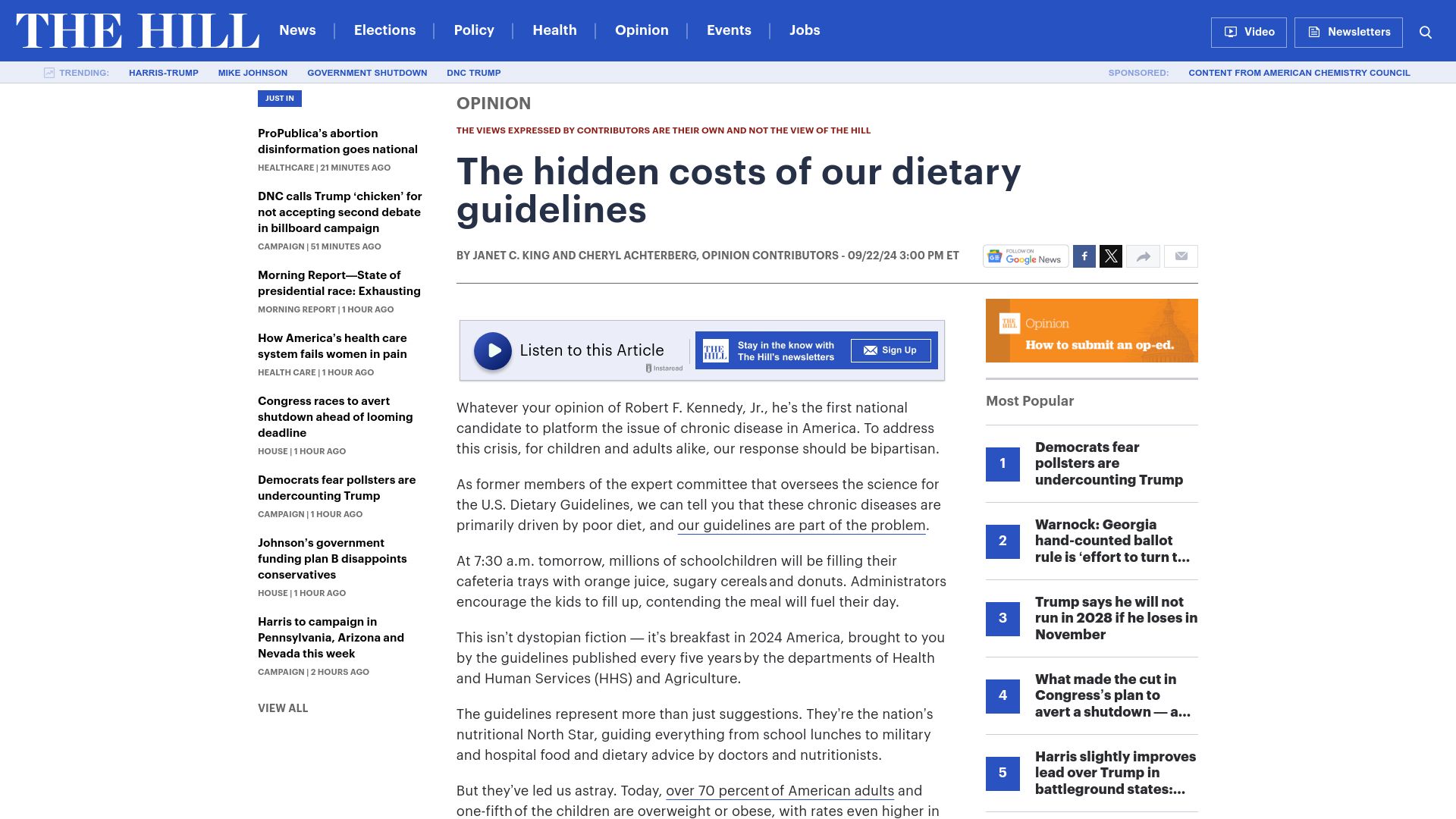 Screenshot of thehill.com: Guiding principles: How US dietary guidelines contribute to obesity