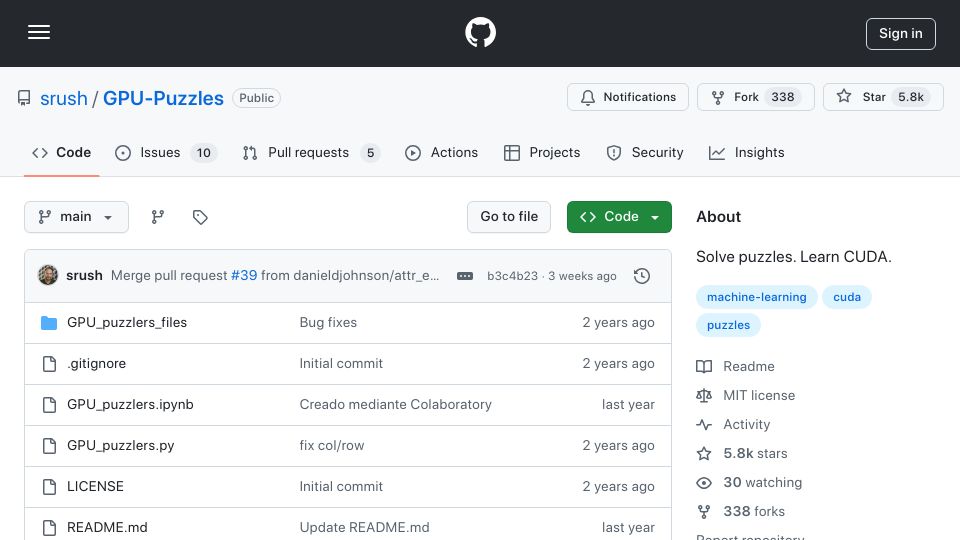 Screenshot of github.com: GPU Puzzles