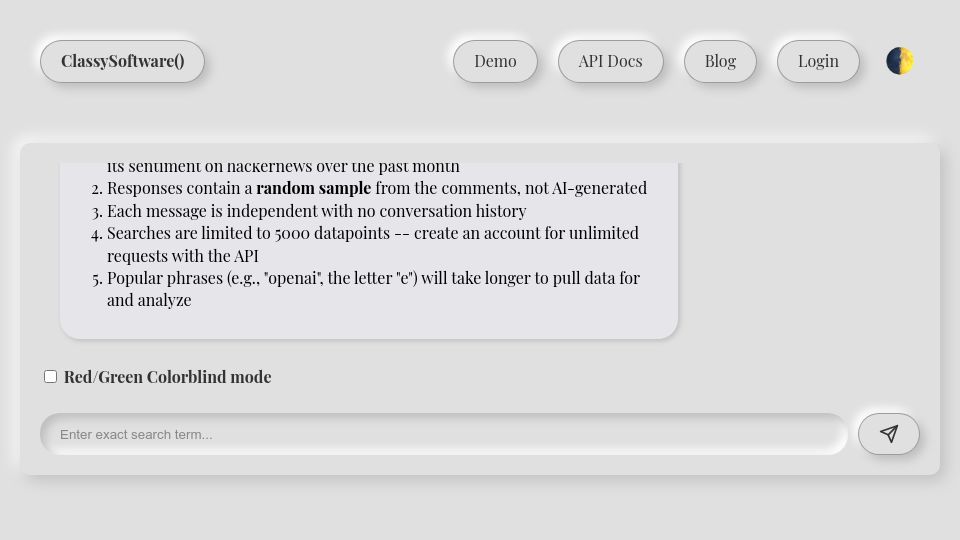 Screenshot of classysoftware.io: Show HN: A tool to analyze Hacker News sentiment on any term in seconds