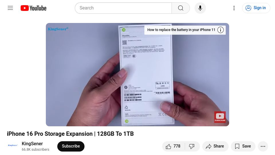 Screenshot of youtube.com: iPhone 16 Pro Storage Expansion 128GB to 1TB [video]