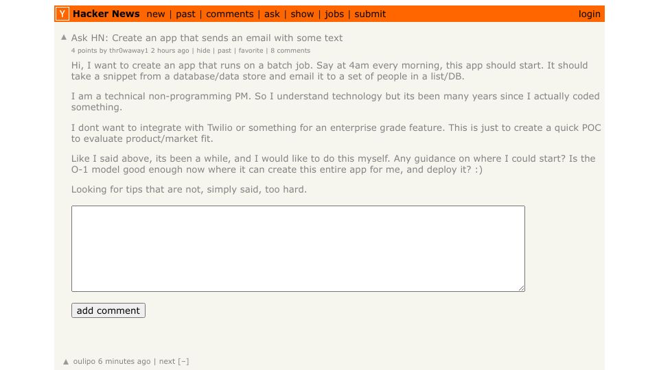 Screenshot of Hacker News post: Ask HN: Create an app that sends an email with some text
