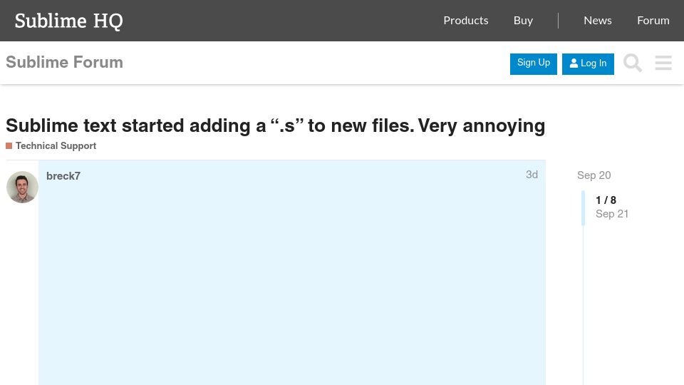 Screenshot of forum.sublimetext.com: Sublime text started adding a “.s” to new files